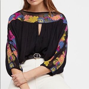 Free People Galina Embroidered Black Cropped Top with Sheer Details
